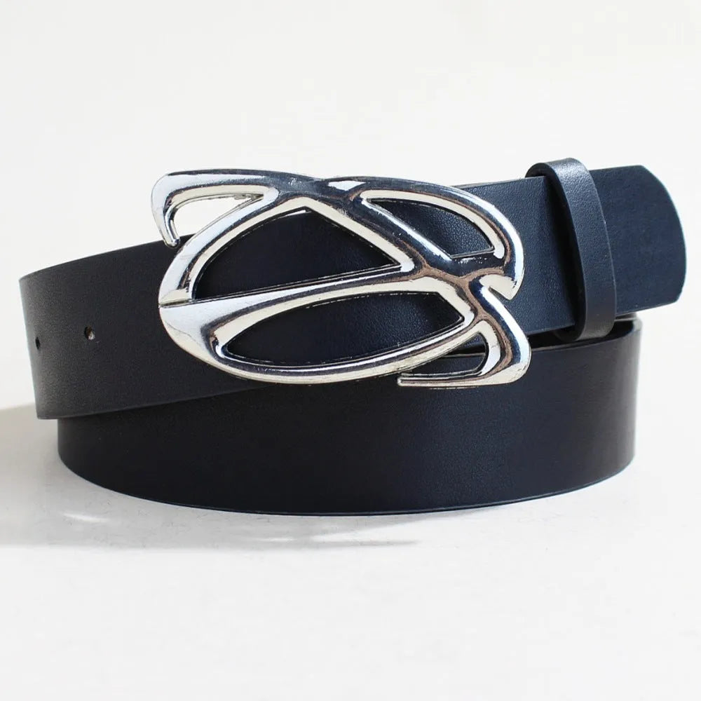 Casual silver buckle PU leather belt showing 3.3cm width and snap button fastening