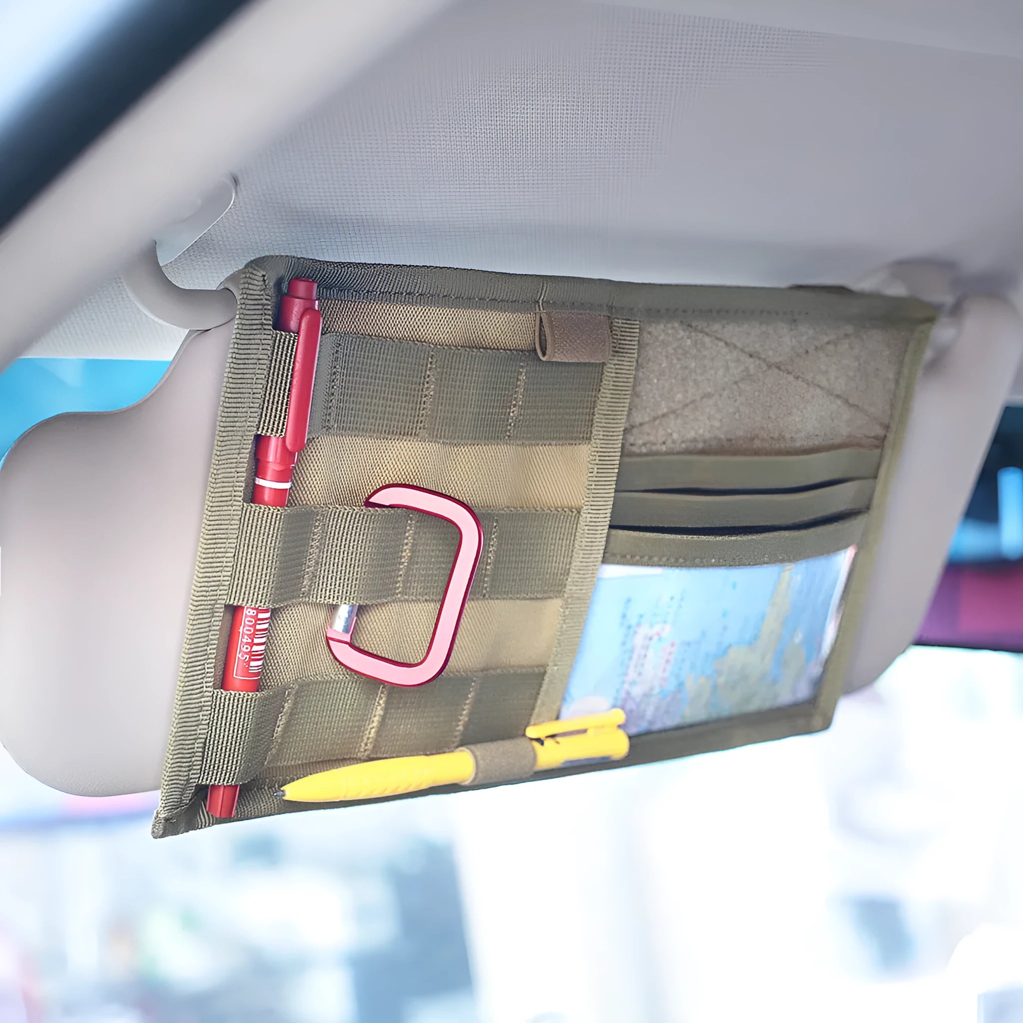 Tactical MOLLE vehicle sun visor organizer panel in khaki with 800D nylon construction