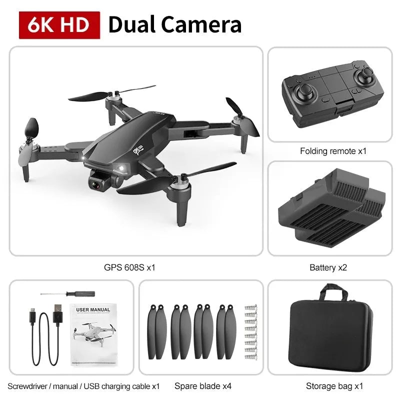 Orange GPS drone with 6K dual camera, brushless motor, foldable arms and remote control, shown with spare propellers