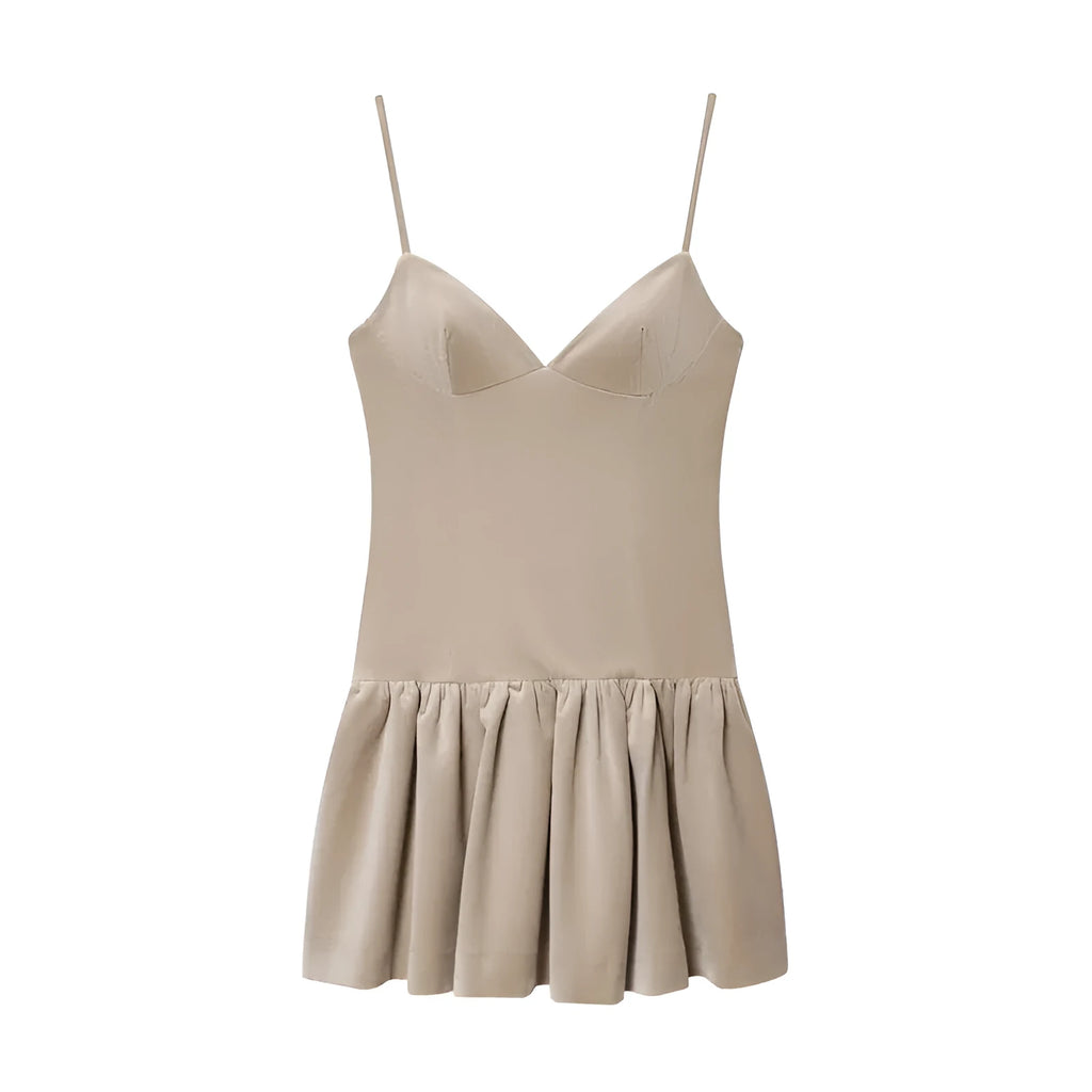 Women's camisole fluffy short dress in khaki with hooded asymmetric pleated design and regular sleeves