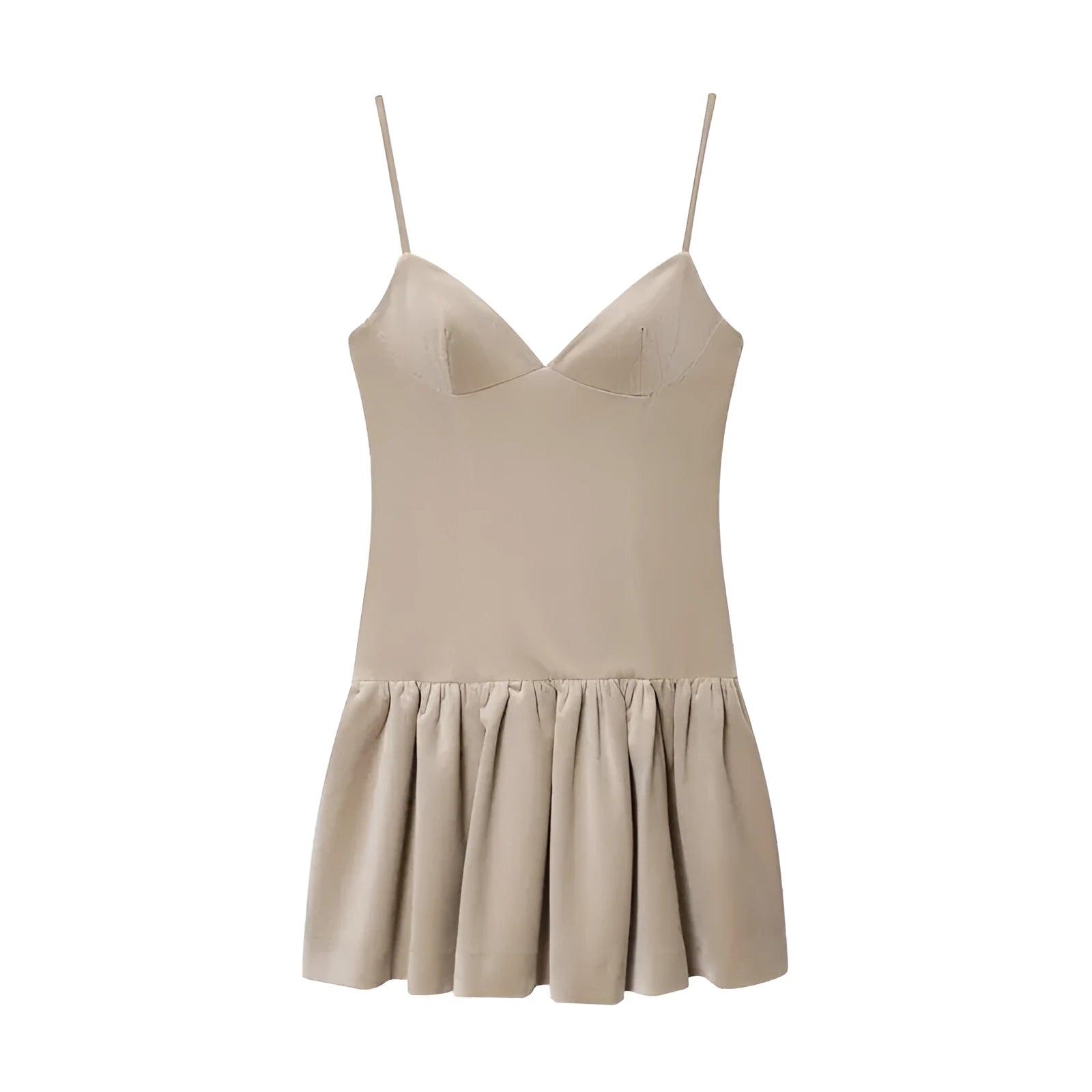 Women's camisole fluffy short dress in khaki with hooded asymmetric pleated design and regular sleeves