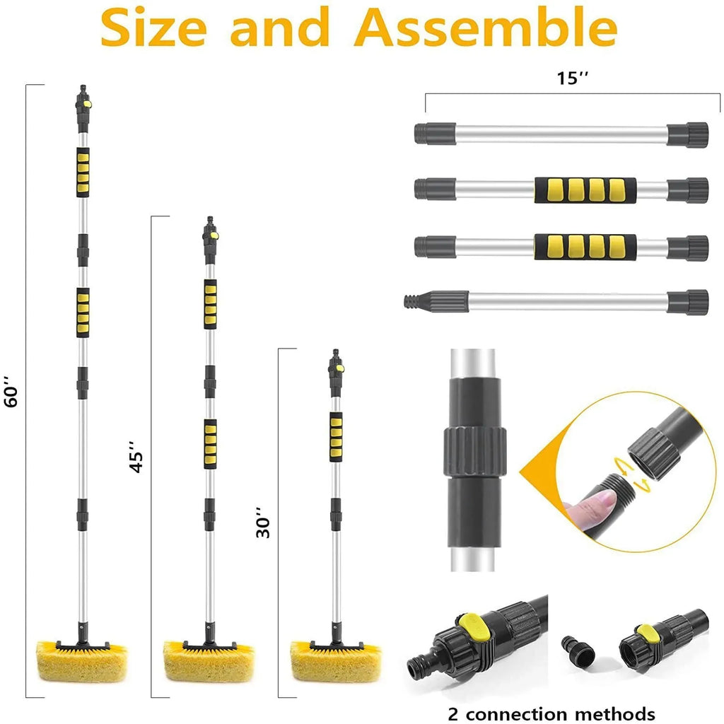 Portable car wash brush with removable four-section rod and flow-through brush head in yellow colour