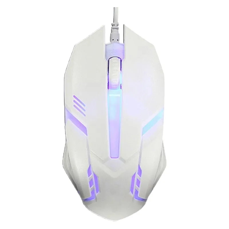 Black wired computer mouse with colourful glow lighting showing USB cable and three buttons