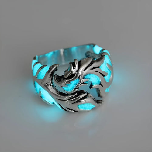 Adjustable Chinese dragon pattern ring in antique silver, blue, and green electroplated metal