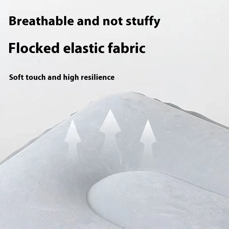 Press inflatable height increasing cushion showing folded portable design and flocking material texture