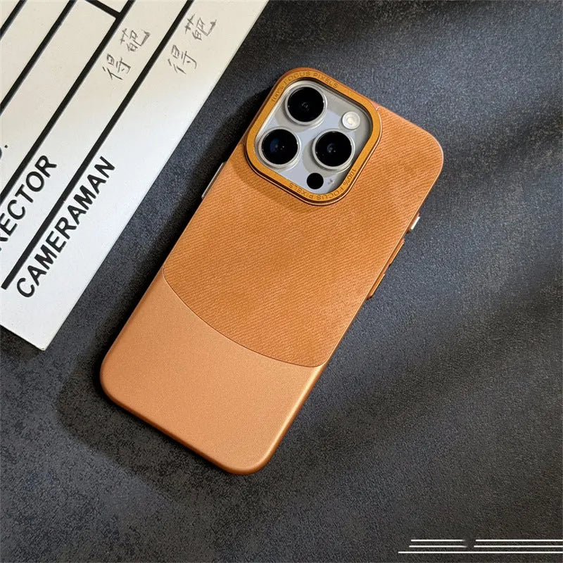 Electroplated PC phone case for iPhone 15 Pro Max in colour-matched finish with flannel fabric texture