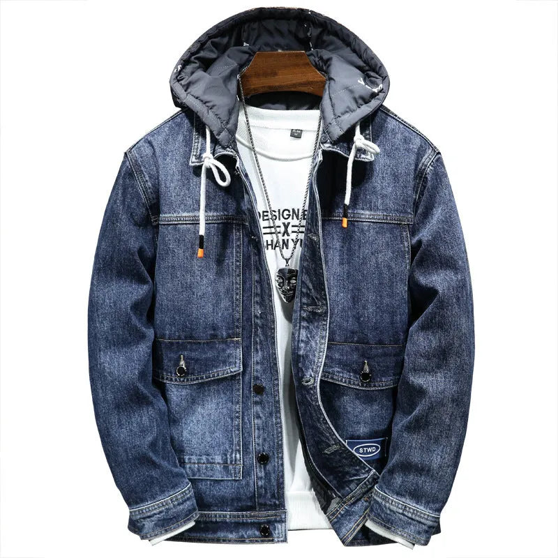 Men's loose hooded fleece jacket blue with patch pockets and raglan sleeves winter thickened cotton coat