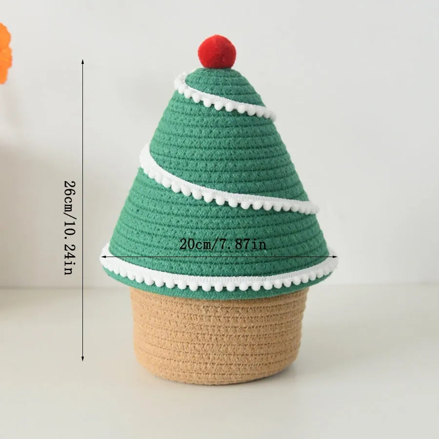 Christmas decoration storage basket in cotton thread with green Christmas tree colour