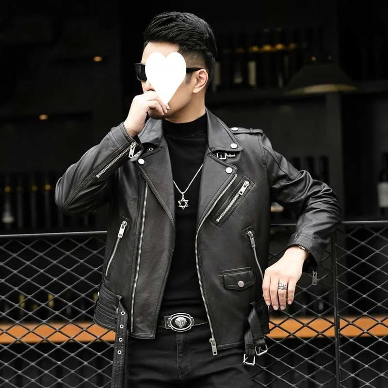 Men's black sheepskin leather jacket with lapel collar and front zip, loose fit