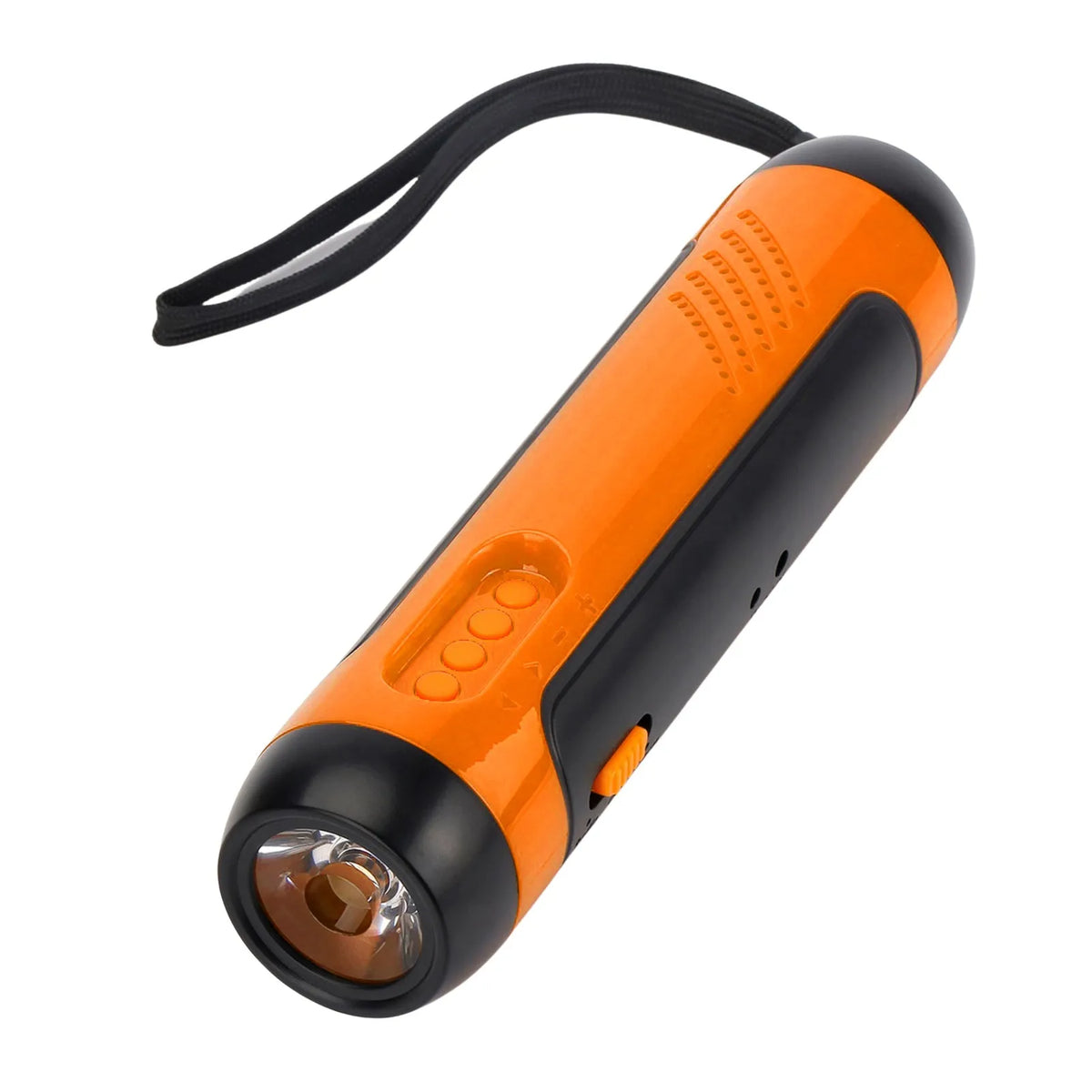 Orange emergency FM rechargeable alarm flashlight with hand crank on a dark outdoor background