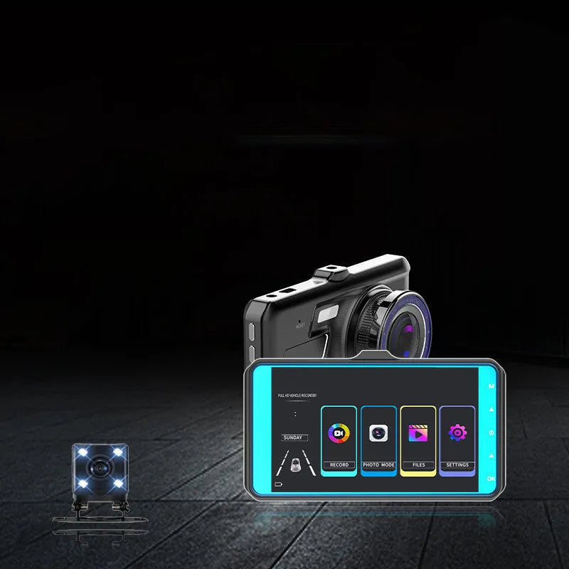 Black car dash cam with 4-inch touch screen and dual lenses for front and rear recording