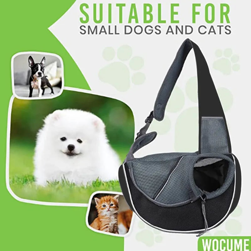 Portable crossbody pet carrier bag for dogs and cats, black, S size, Oxford material, with drawstring closure and zippered bottom