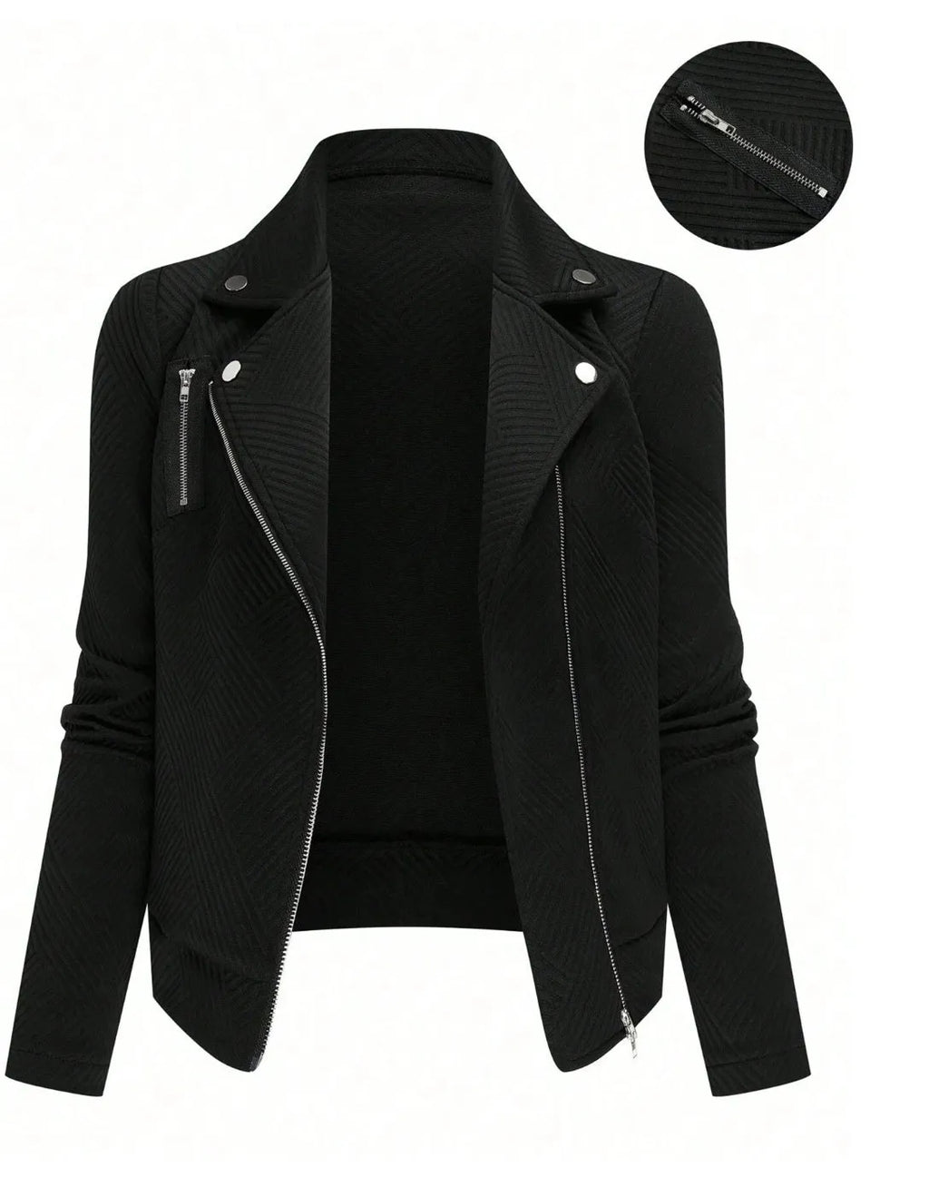 Women's black polyester casual jacket with oblique zipper fastener decoration, long sleeves, loose fit, sizes S to XL