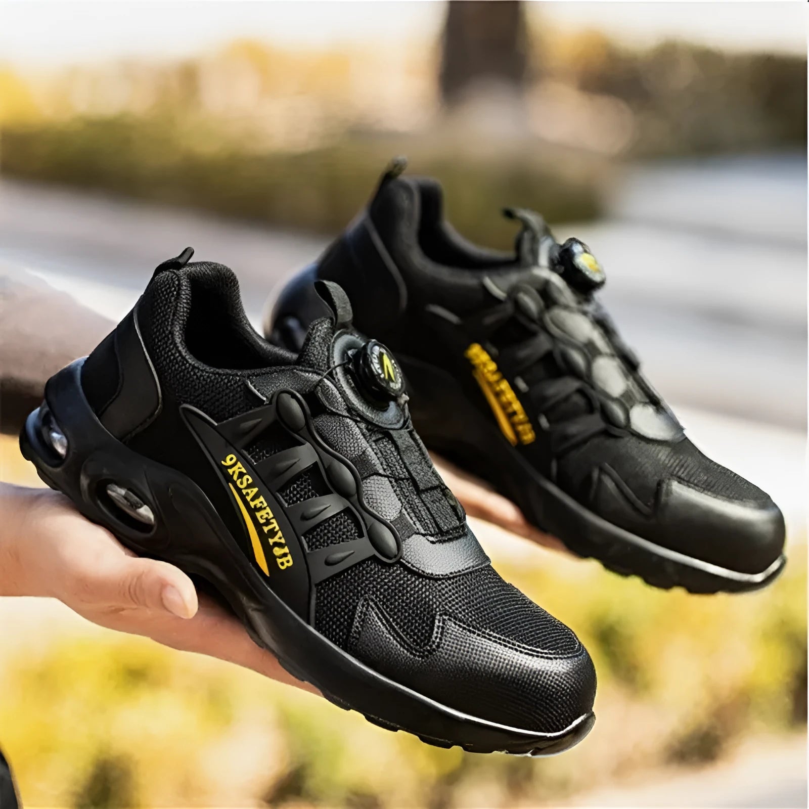 Men's black steel toe anti-puncture safety shoes with suede upper and rubber sole, front lace up closure