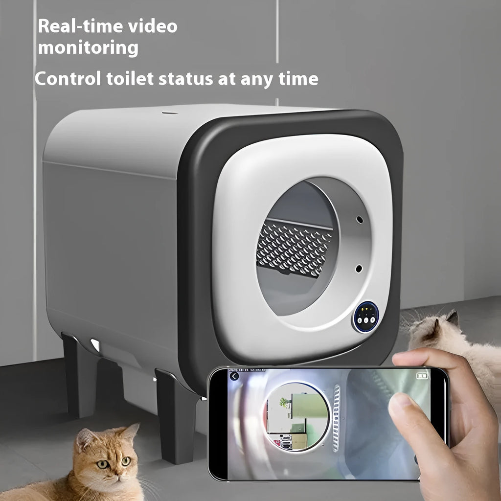 72-litre smart cat litter box in black with splash-proof ABS body and WiFi or video option