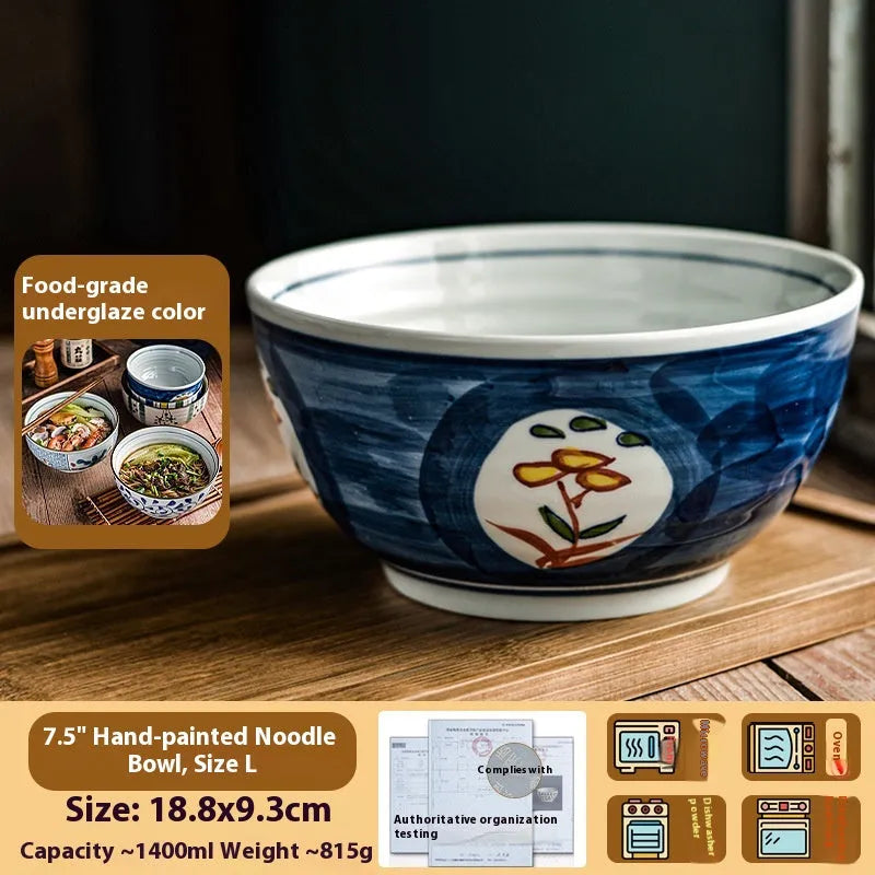 Ceramic hand-painted underglaze colour noodle bowl round 6 inch Japanese style retro soup bowl