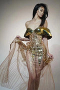Gold strapless sequin dress with thigh-high split and tulle skirt, floor-length formal gown