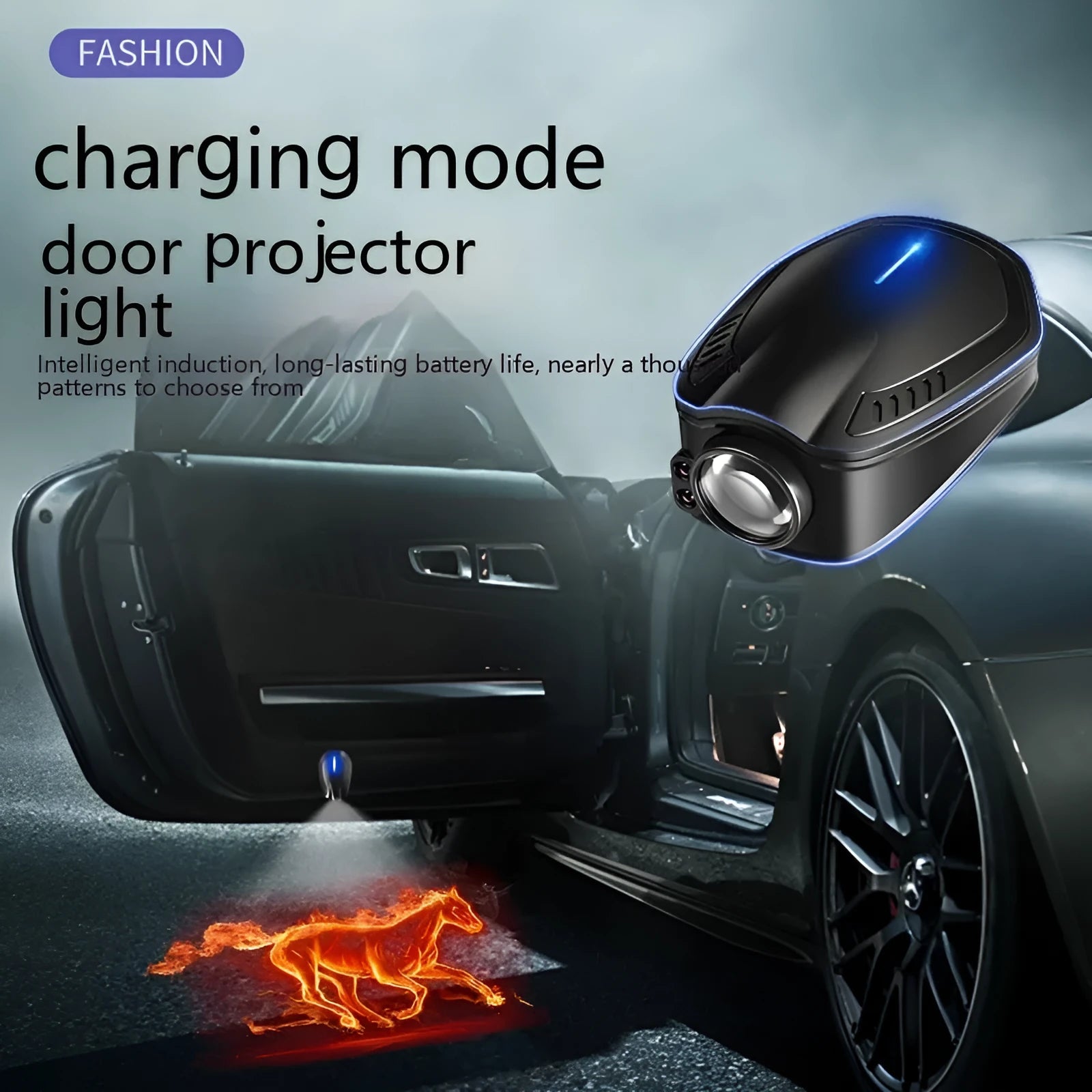 F2 black rechargeable wireless car welcome light with ABS plastic housing