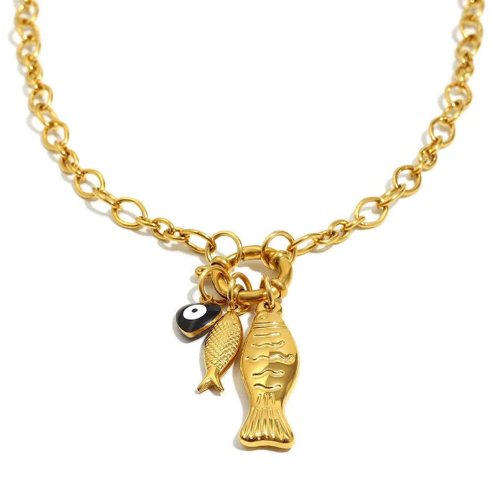 Stainless steel 18K gold plated little fish spring fastener pendant necklace on O-shaped chain, gold colour, women's adjustable 41-50cm