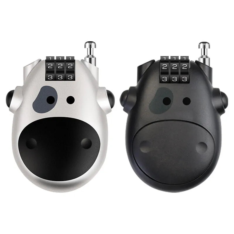 Retractable bicycle and motorcycle helmet lock with steel cable and ABS plastic housing in black cow style