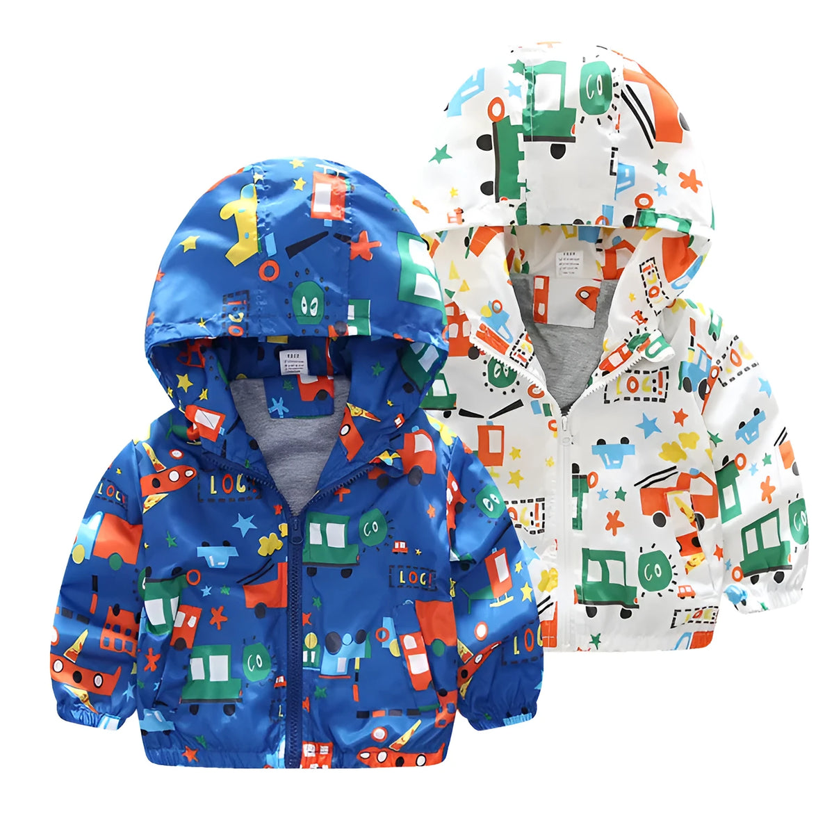 Children's airplane printed windbreaker jacket in blue or white with polyester outer fabric and cotton lining, sizes 90cm to 130cm