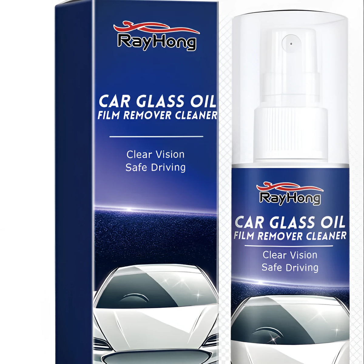 Boxed car glass oil film cleaner, 3.7x14.6cm, with surfactant-based formula for windscreen and window glass.