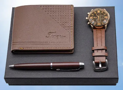 Creative holiday gift set showing a wallet, pen and watch in a modern simplicity gift box with OPP wrap.