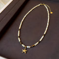 Titanium steel starfish pendant necklace with natural shell tigereye stone on beaded Maillard-style chain, 41-50cm