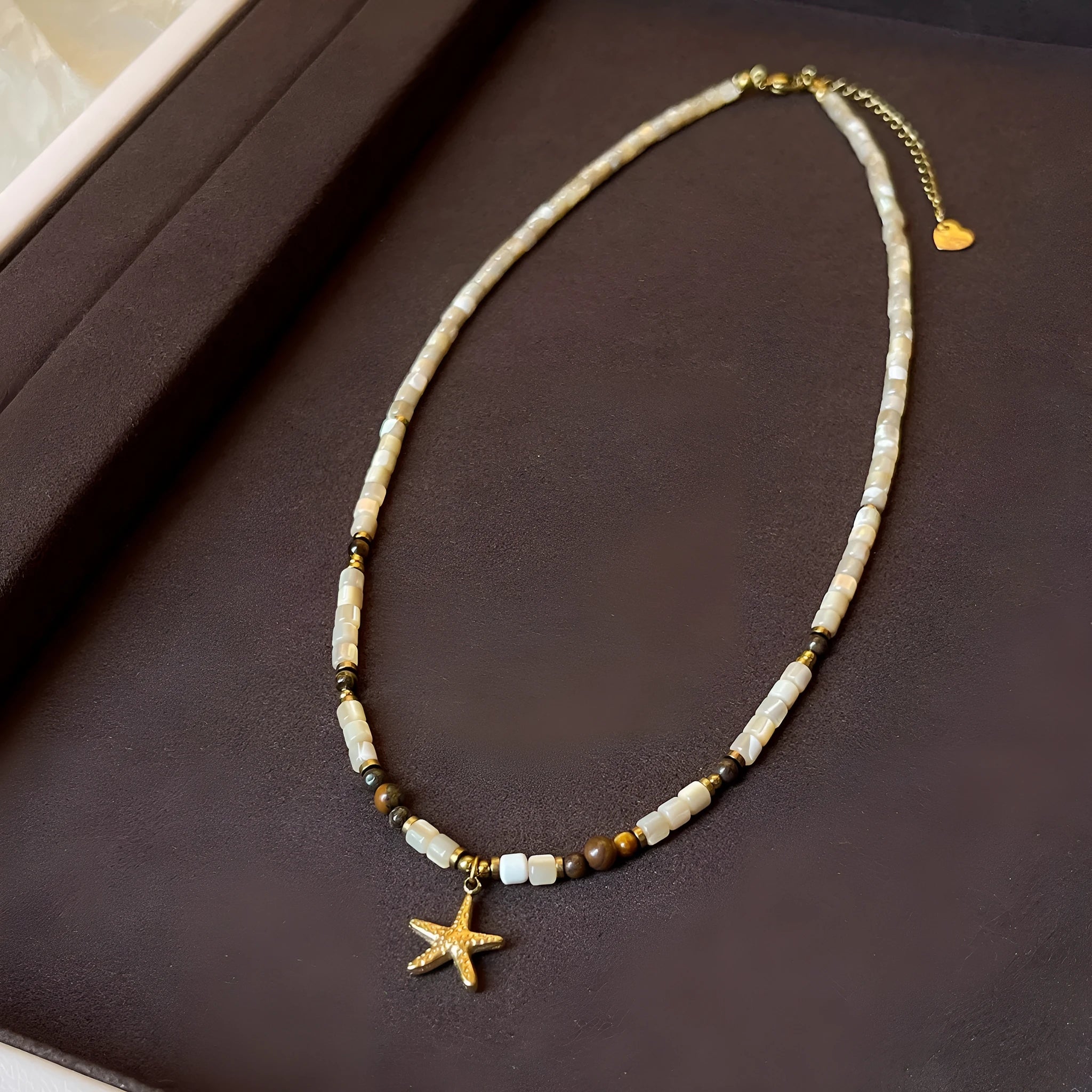 Titanium steel starfish pendant necklace with natural shell tigereye stone on beaded Maillard-style chain, 41-50cm