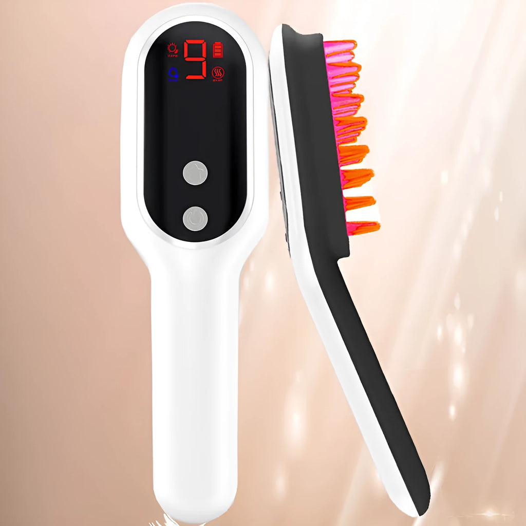 White electric head massager comb with red and blue light therapy, magnetic contacts, and LED display on a clean background