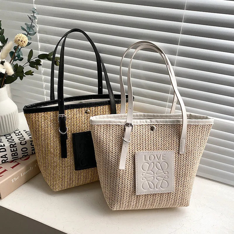 Straw woven large capacity shoulder bag with PU trim and retro styling