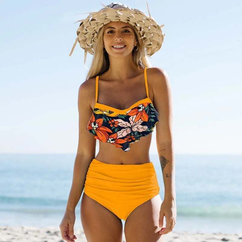 Women's high-waist floral pattern swimsuit with pleated pants in blue or green colours