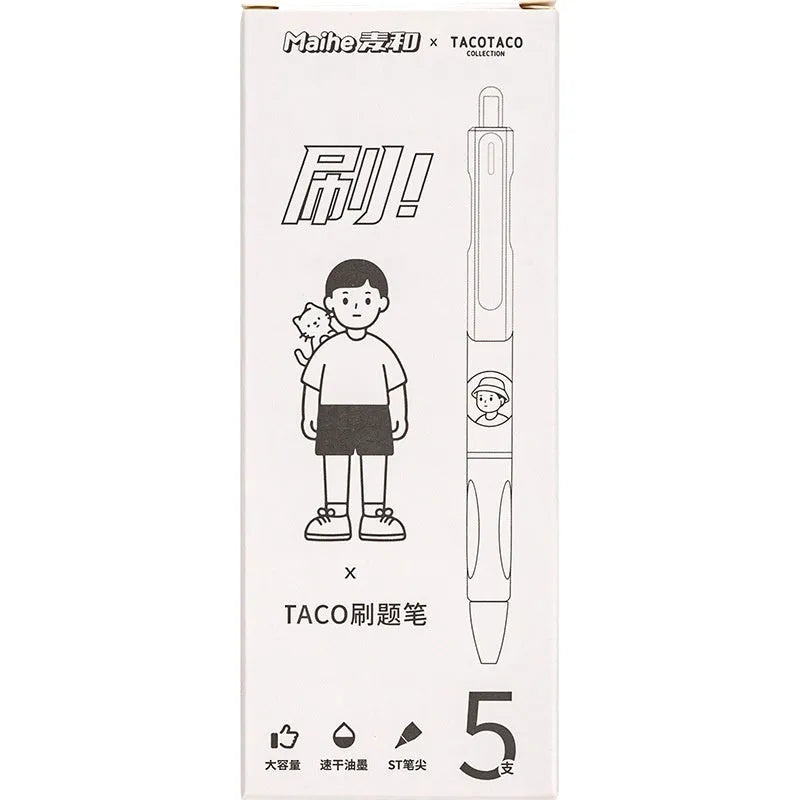 Five white ballpoint pens with 0.5mm tips and black quick-drying ink, laid side by side.