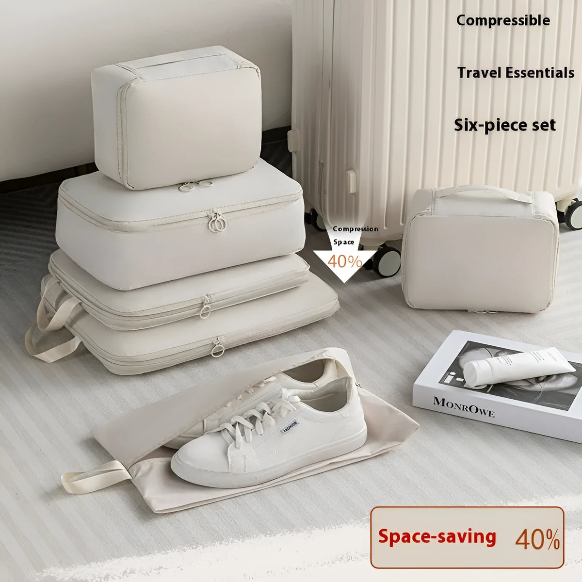 Travel buggy bag in memory cloth with polyester lining, six-piece compressed clothing set, 36-55L capacity, solid colour