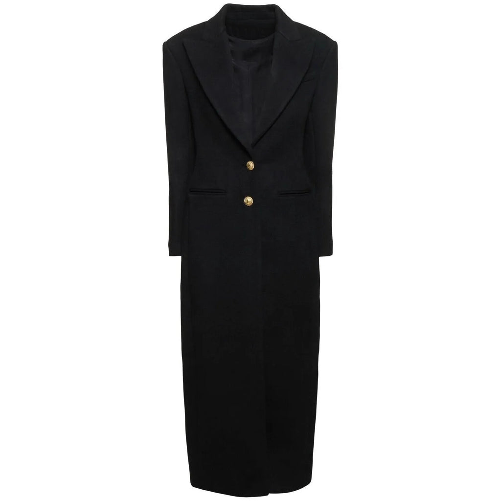 Women's slim-fit extended imitation cashmere coat black two-button front size S to XXL office outerwear