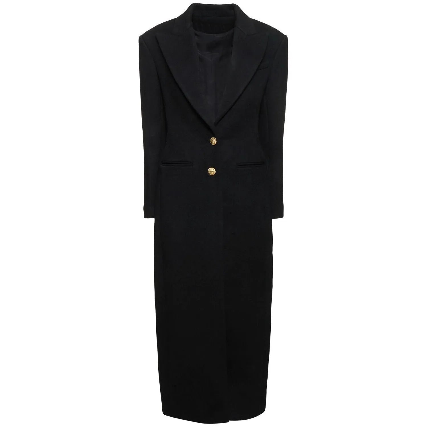 Women's slim-fit extended imitation cashmere coat black two-button front size S to XXL office outerwear