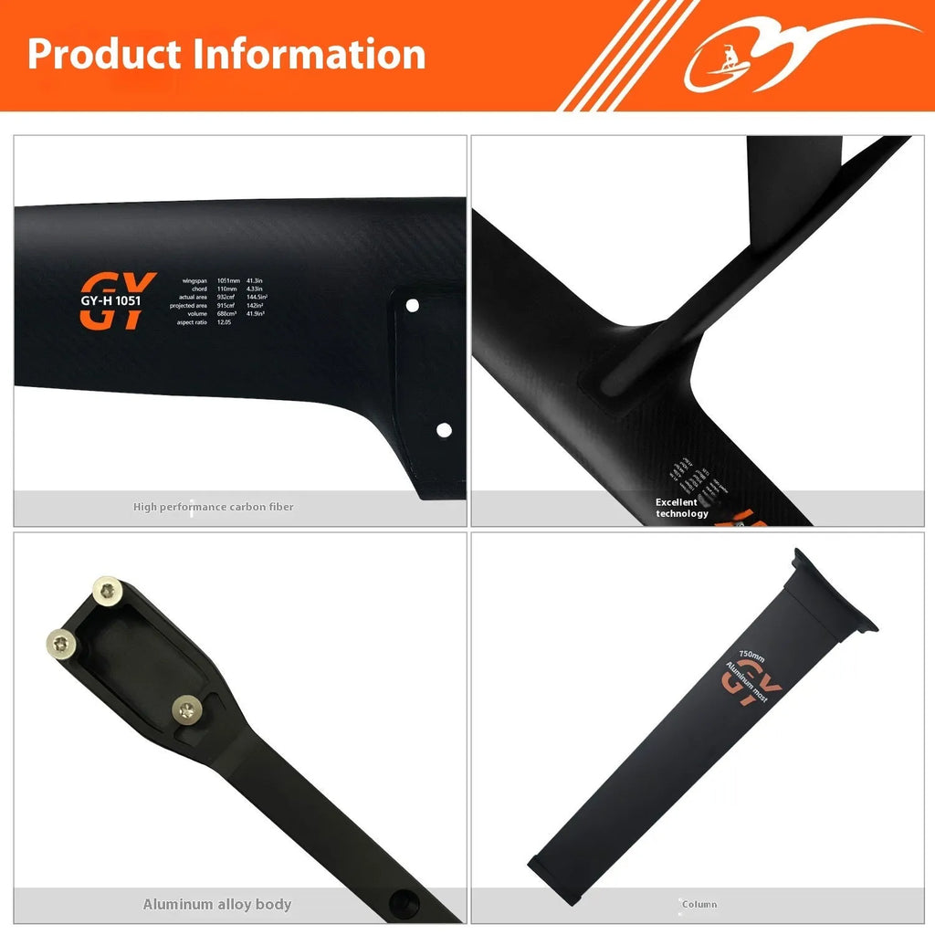 Black carbon fibre racing hydrofoil for surfboards with aluminium components