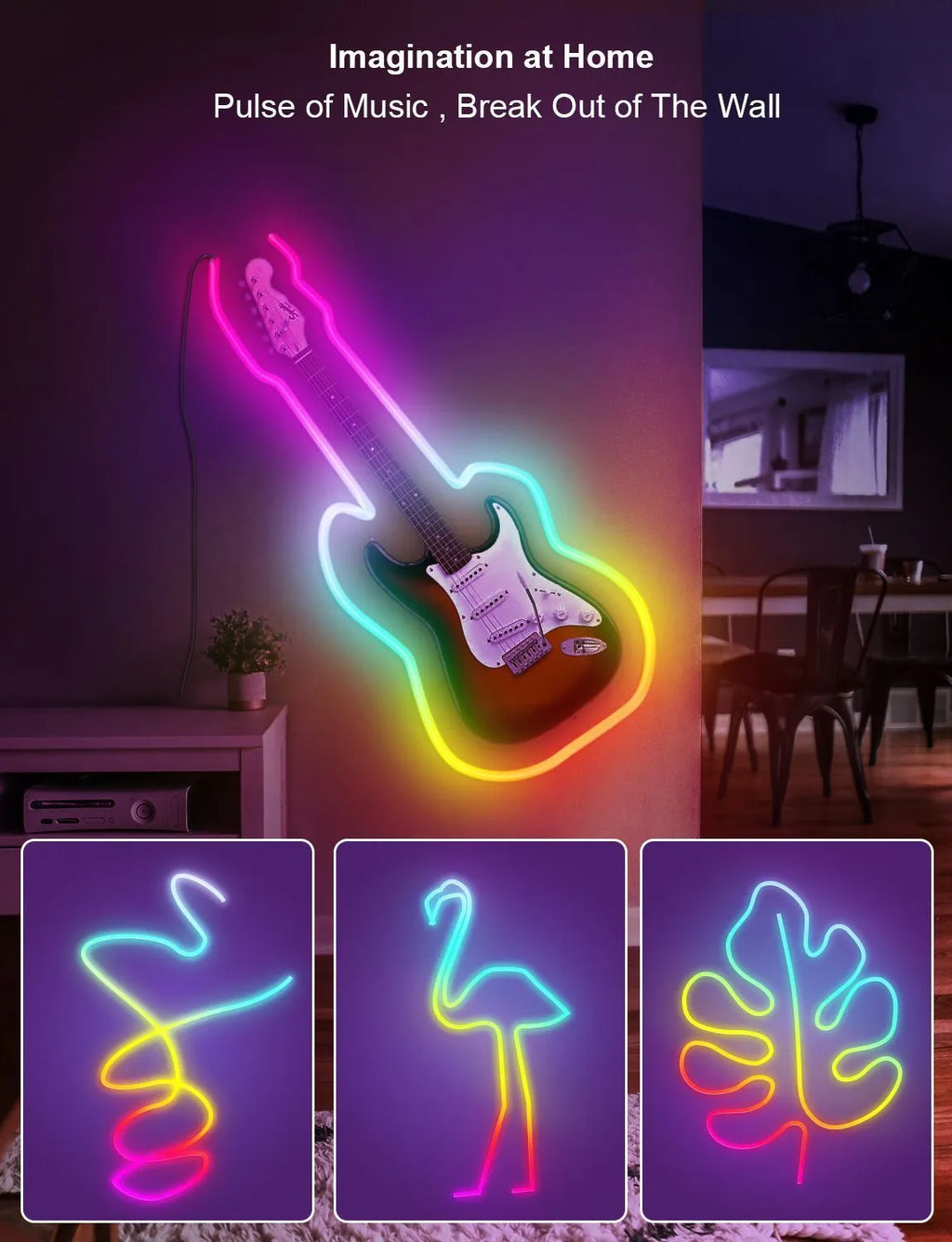 3 metre long USB-powered RGB magic colour neon LED light strip with remote control on a white background.