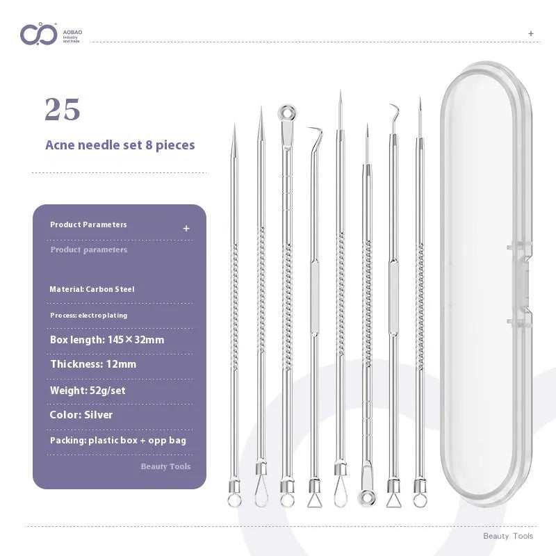 Four silver metal acne needles with ultra-fine pointed tips arranged on a clean surface.