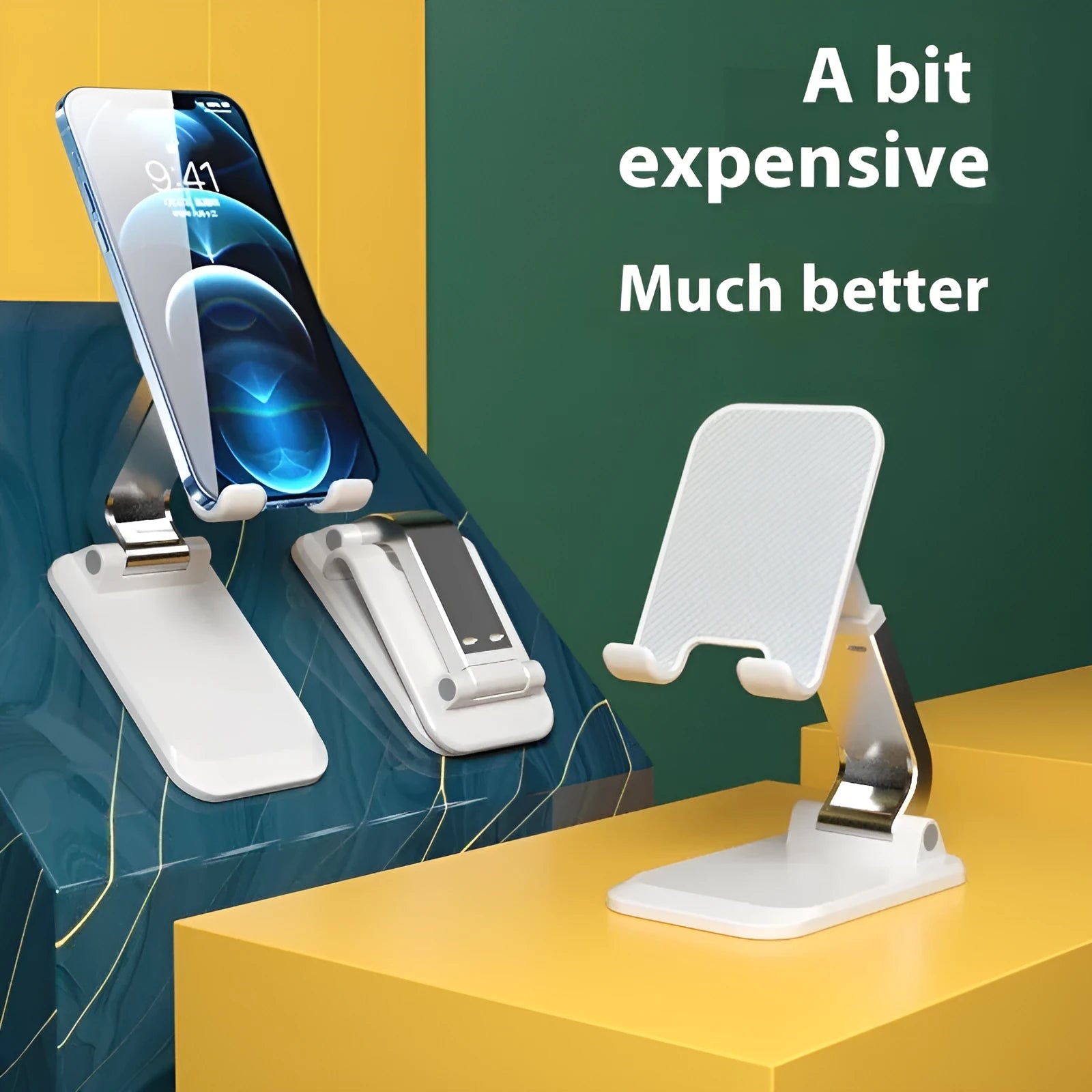 Folding portable desktop stand for mobile phones and tablets in multiple colour options