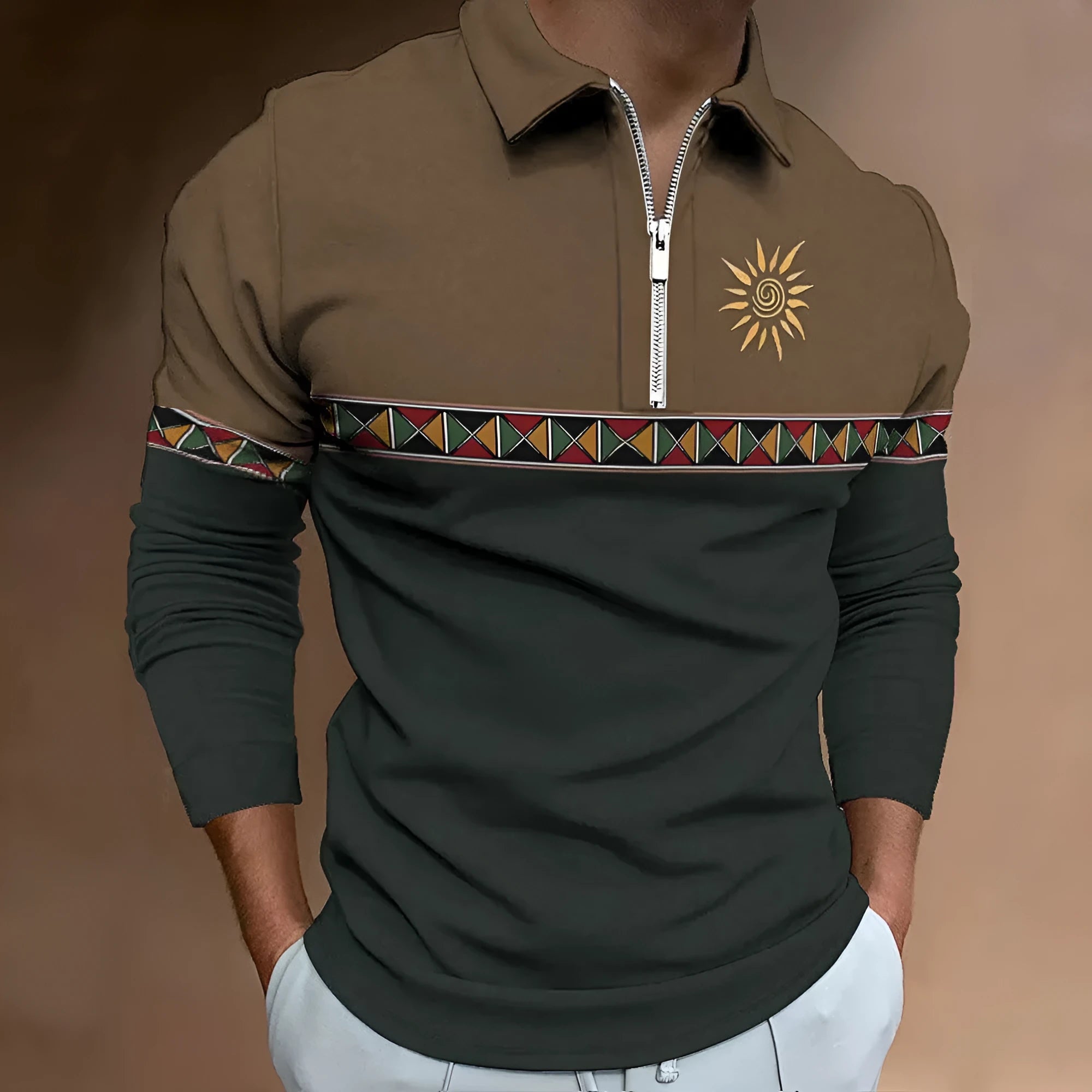 Men's loose-fit long-sleeve golf t-shirt with striped retro print and chest zipper decoration.