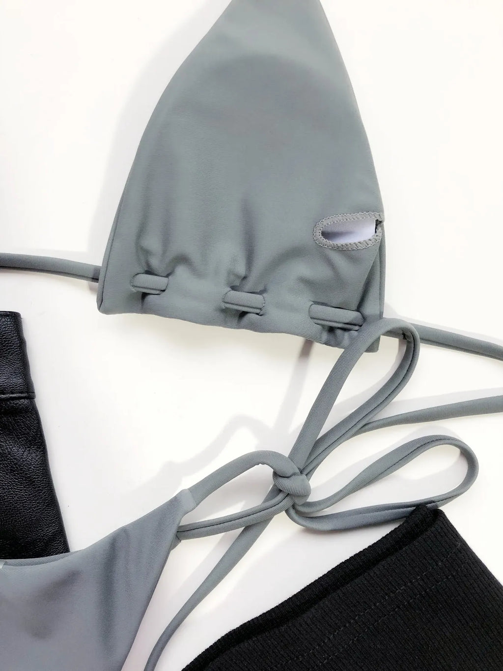 Grey nylon triangle bag swimsuit set with rope lanyard for women beach resort hot spring