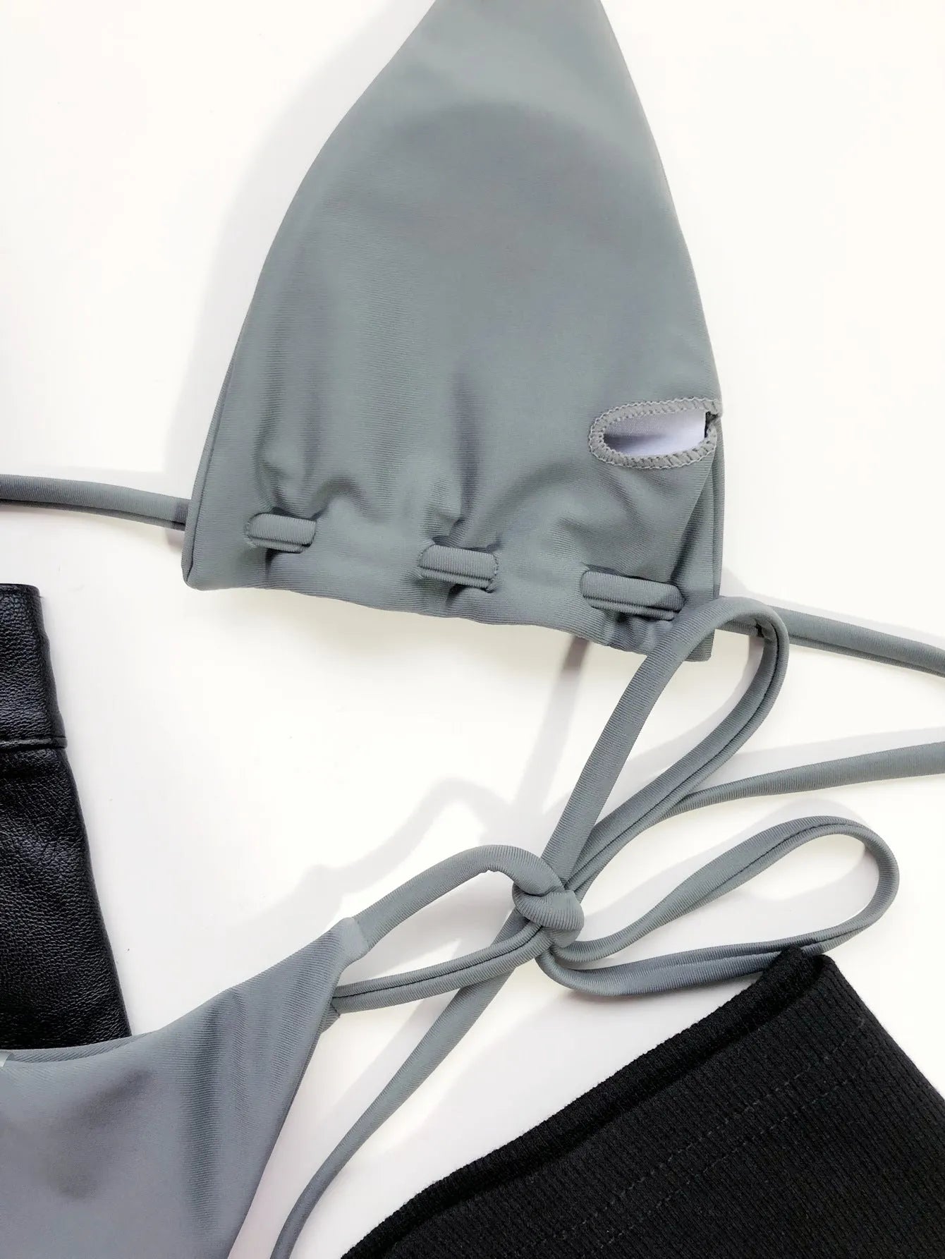 Grey nylon triangle bag swimsuit set with rope lanyard for women beach resort hot spring