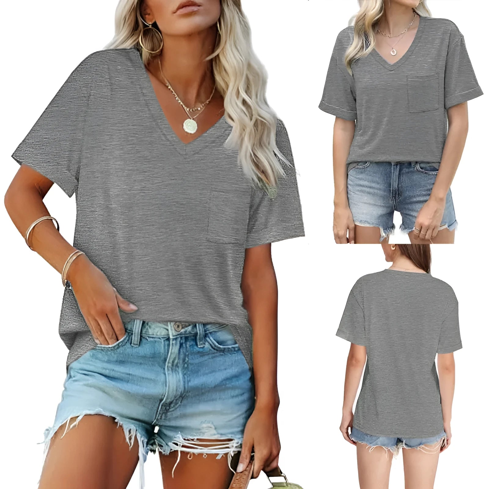 Grey loose-fit V-neck t-shirt with a front pocket and short sleeves on a plain background