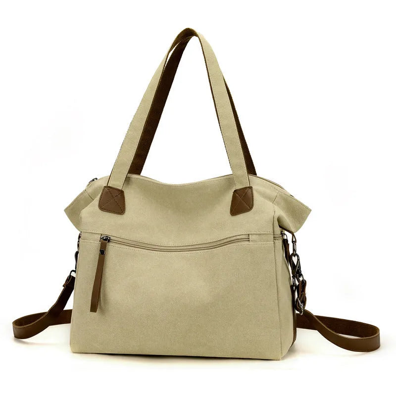 Women's retro canvas tote bag in horizontal square shape with multiple internal compartments