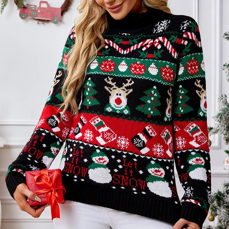 Black Christmas Sweater women's slim-fit turtleneck pullover with contrast animal pattern