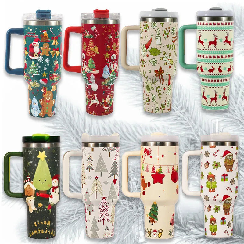 Red and green Christmas pattern stainless steel travel tumbler with handle and straw.