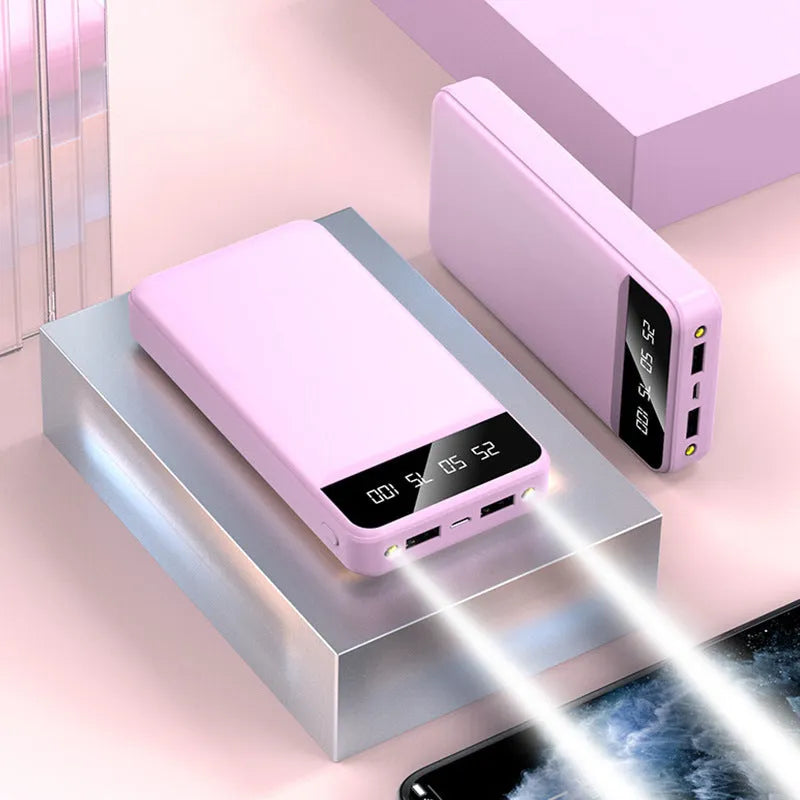 20000mAh polymer power bank with multi USB ports in black white pink blue colour options
