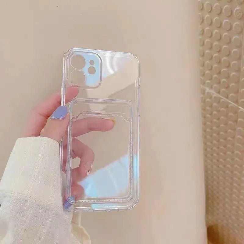 Transparent clear PVC iPhone case with card slots on back for Apple models.