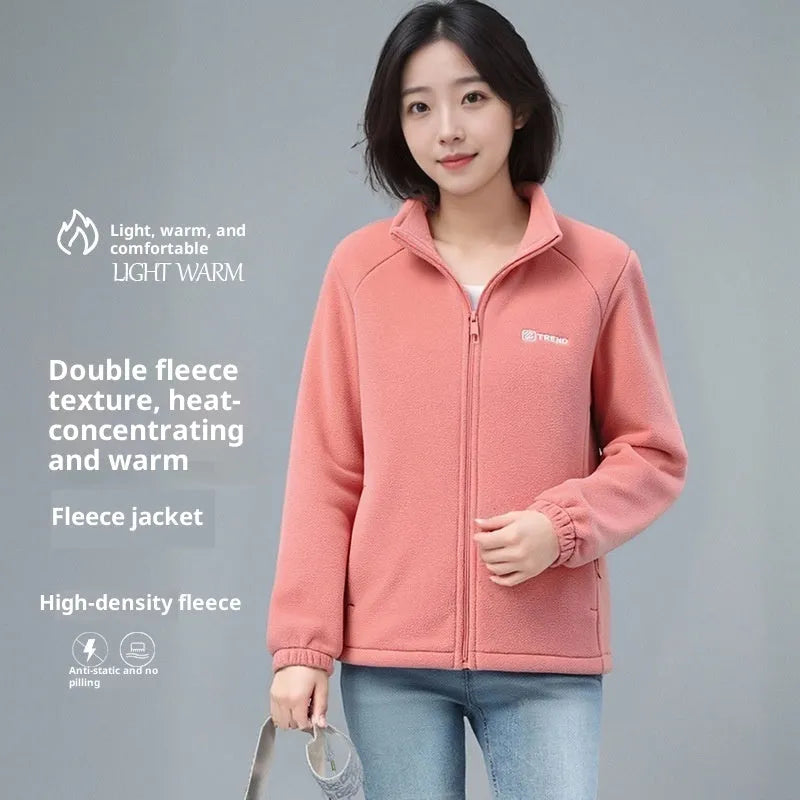 Polar fleece jacket cardigan with stand collar and zipper front in orange colour, polyester fabric, available in sizes S to XXL